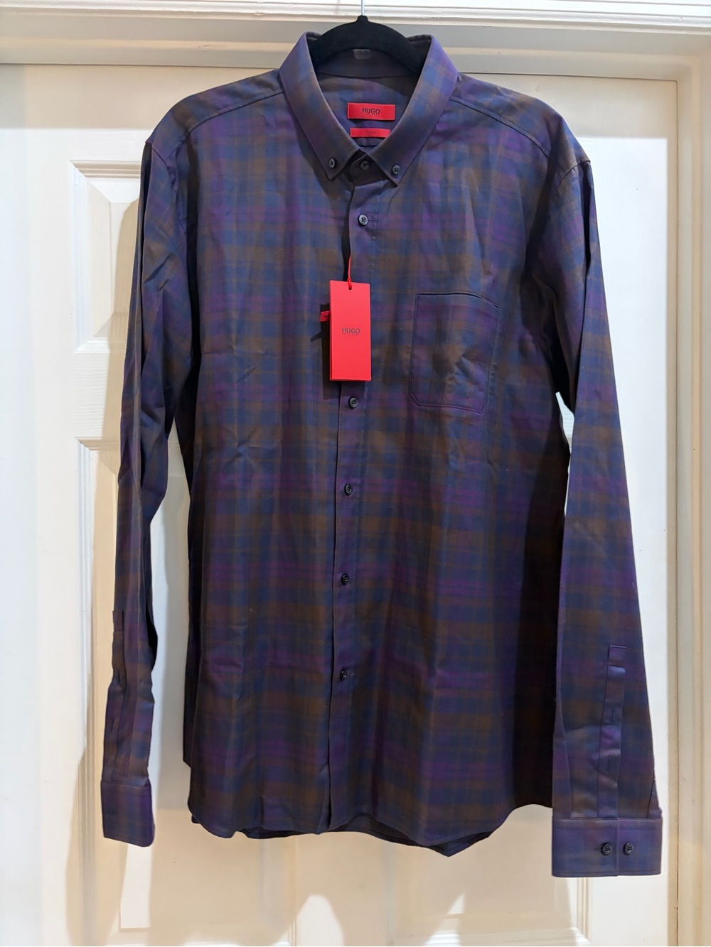 New HUGO BOSS Men's Plaid Button-Down Shirt in Purple and Brown